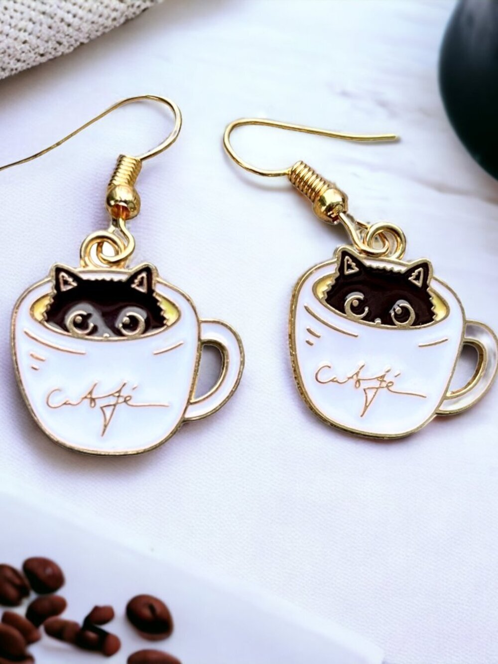 Kitty Cat Coffee Cup Drop Earrings White Gold | Handmade